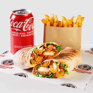 Crispy Chicken Shawarma Wrap combo with a canned drink and fries